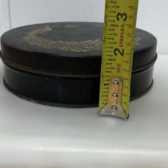 Vintage 1920-30s Round Tindeco Metal Tin Gold Peacock on Black 6” - Picture 14 of 14